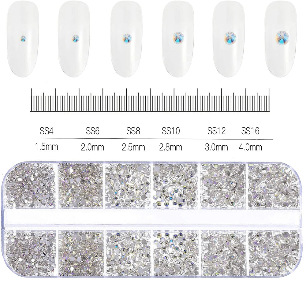 2400pcs+ Shiny Clear Crystal Gems Nail Rhinestones 1.5-4mm Mixed Round Glass Stone Flatback Nail Charms 12grids Nail Diamond DIY