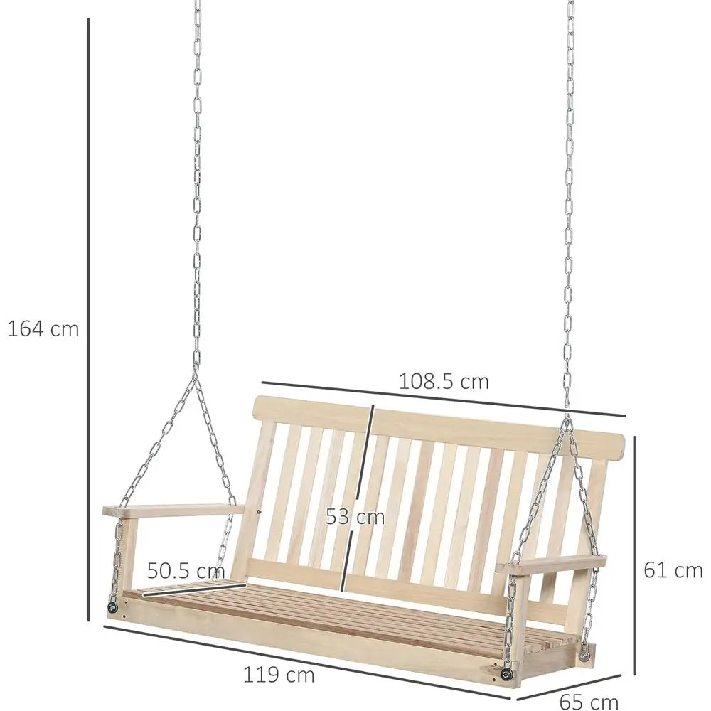 2-Seater Wooden Swing Bench, Porch Hanging Hammock Chair, Natural Garden Furniture