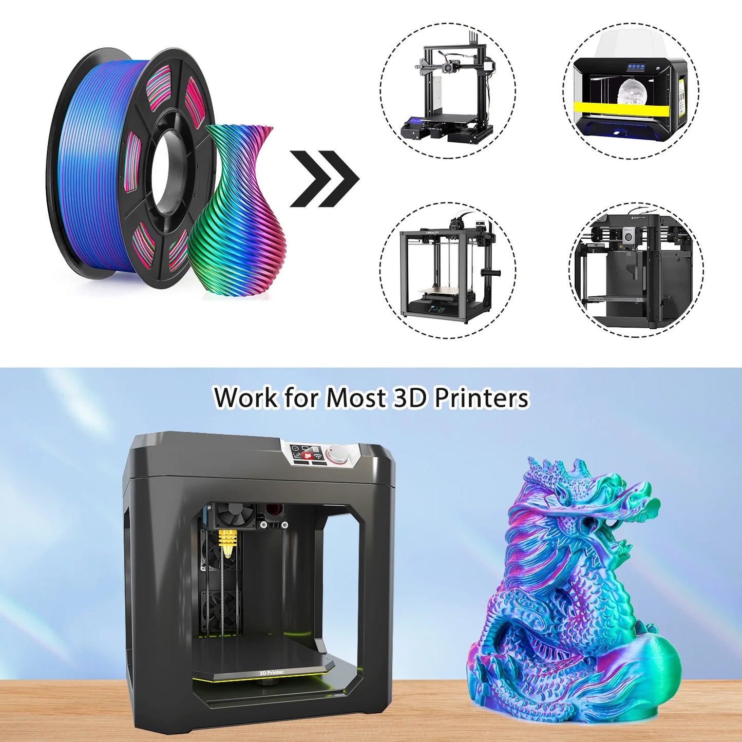 Tricolor Silk PLA 3D Printer Filament, 1.75mm Multicolor 3D Printing Filament, Red&Blue&Green Filament, 250g (0.55lbs)