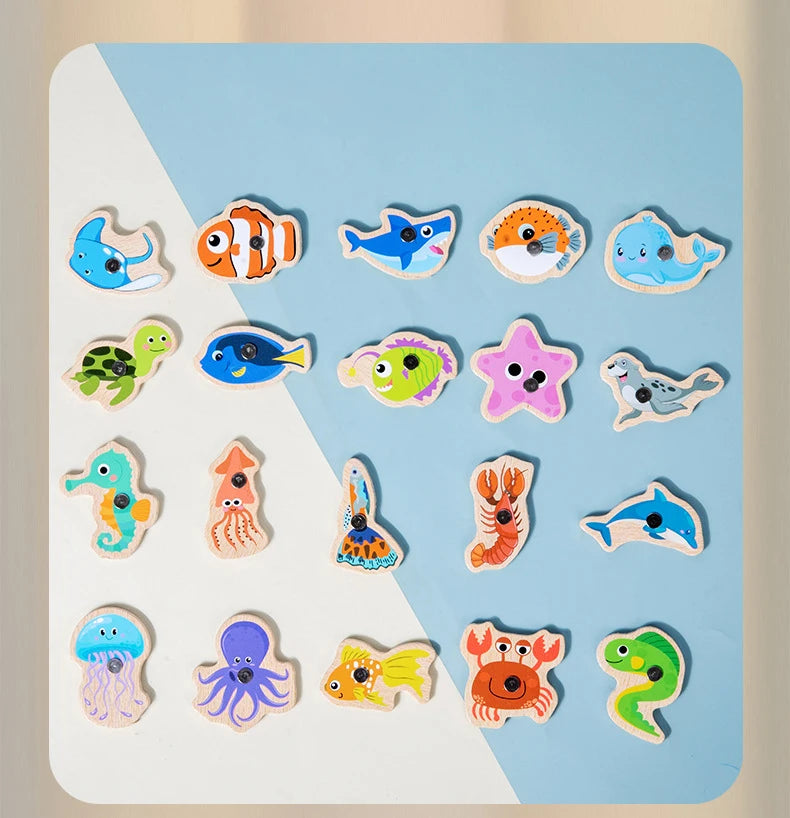 Wooden Magnetic Fishing Toys for Children Marine Life Cognition Fish Games Baby Early Educational Parent-child Interactive Toy