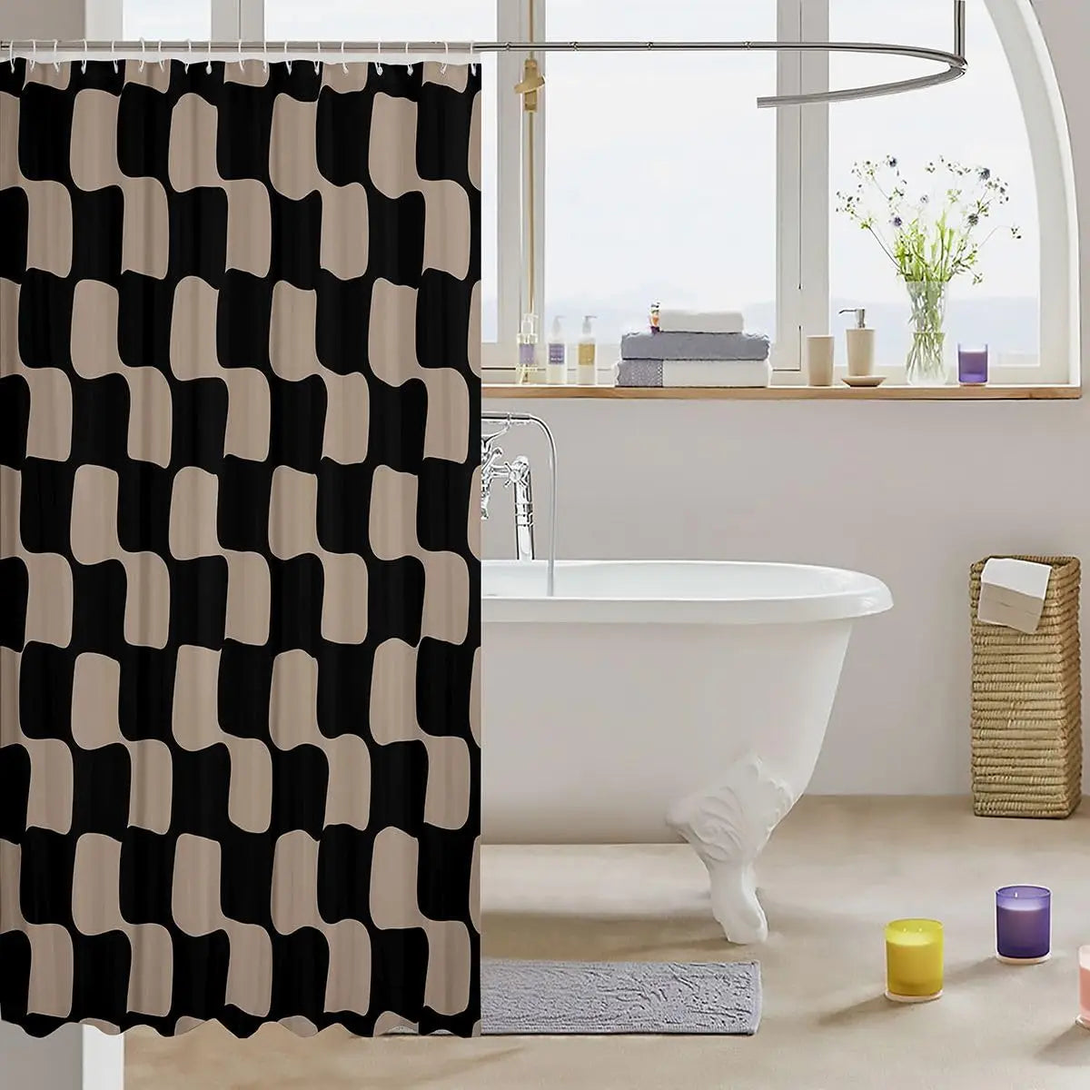 Checkered Grid Shower Curtains Buffalo Plaid Bathroom Curtain for Kids Women Men Black Brown Bathroom Accessories Geometric