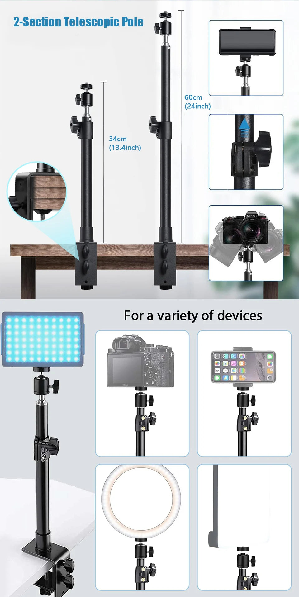 Desk Mount Stand DSLR Camera C Clamp Light Stand Photographic Light Boom Stand With Ball Head for Phone Video Ring Light Zoom