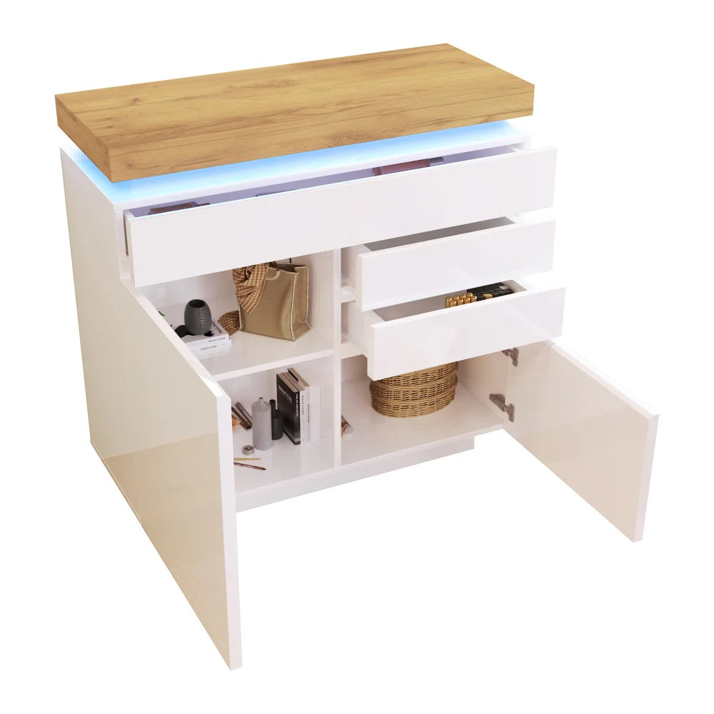 PINGGO Chest of Drawers,High-gloss Sideboard Cabinet with 2 Doors and 3 Drawers,Storage with RGB LED,115 x 110 x 39 cm, White