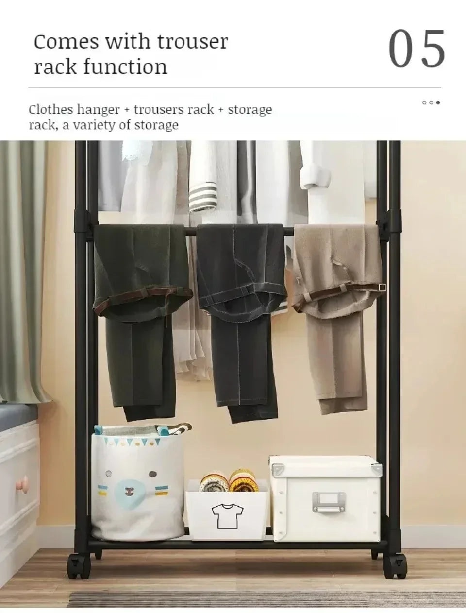 Standing Clothes Hanger Movable Simple Clothing Shelf Bedroom Storage Rack Assembled Closet Organizer Double Rod Coat Rack Floor