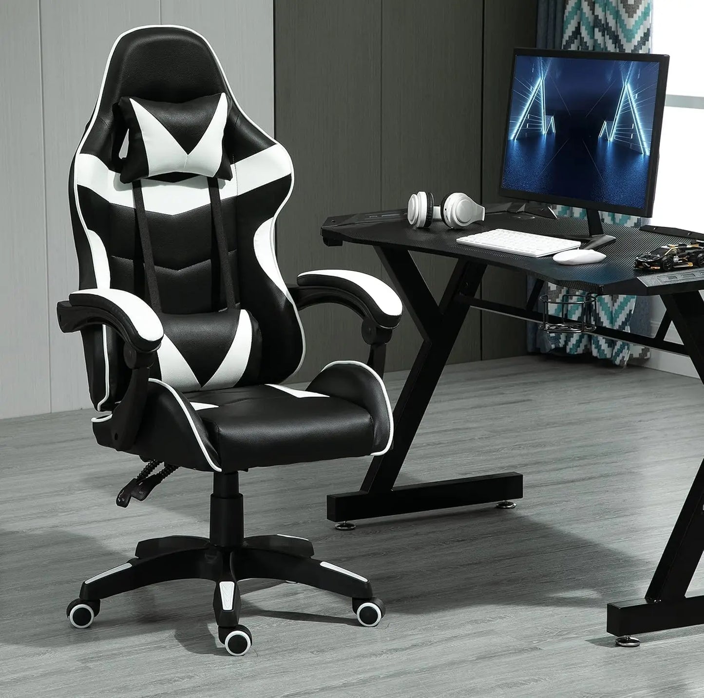 mcc direct Swivel Faux Leather Office Chair Racing Sports Gaming Tilt Computer Desk Chair with Headrest & Lumbar Cushion A