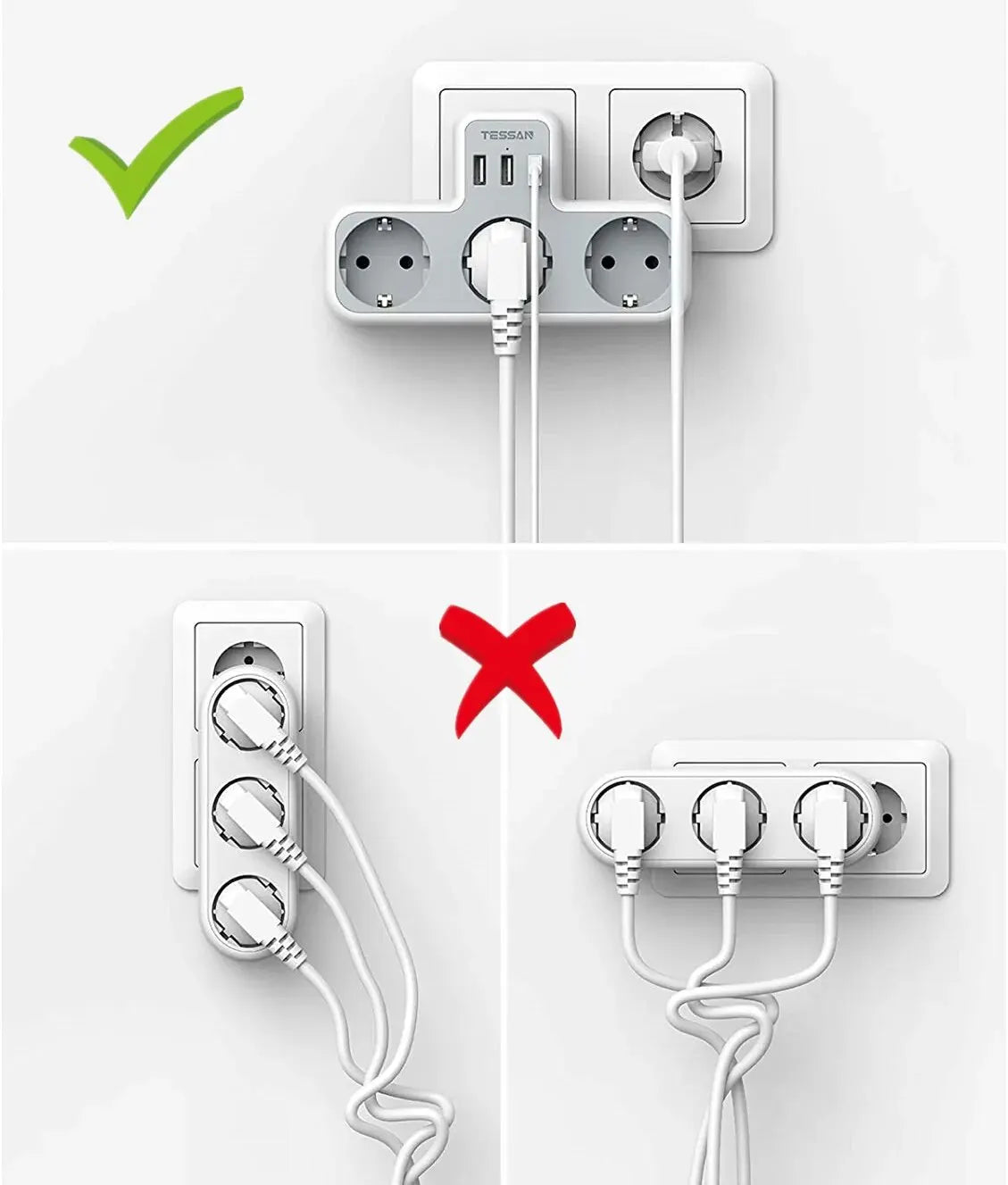 TESSAN EU Plug Power Strip with 3 AC Outlets +3 USB Ports, 6 In 1 Wall Charger Power Socket Adapter Overload Protection for Home