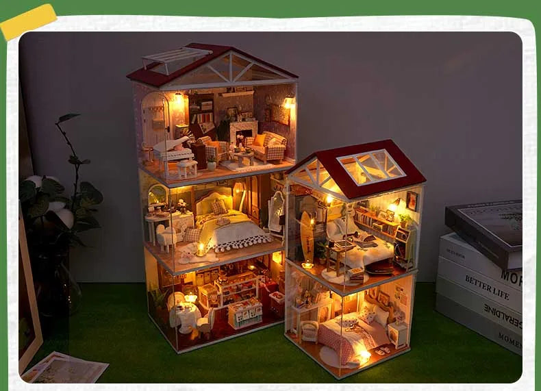 DIY Doll House Wooden Miniature Kit with Furniture Set Handmade Model Assembly Toy Case for Birthday Gifts