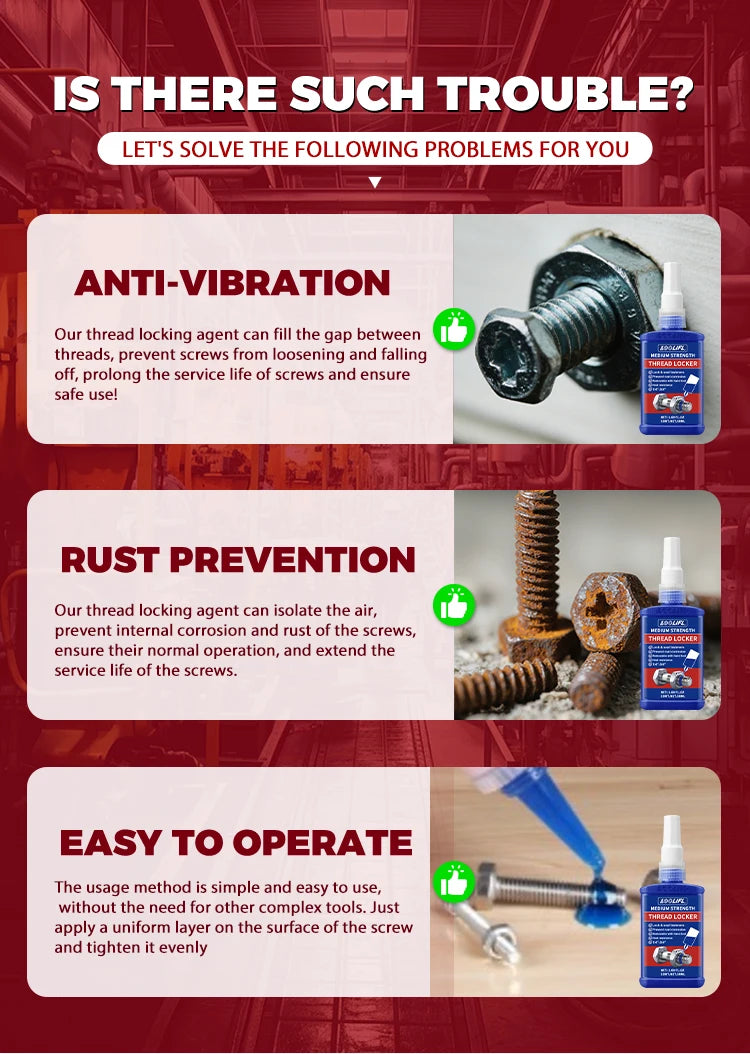 LOOLIFL, 243 Medium-Strength 10Ml-50Ml Threadlocker, Industrial Glue, Removable, Anti-Loosening, Anti-Slip, Waterproof, Rust-Proof, Oil-Resistant, Sealing Threadlocker, Removable, Stable