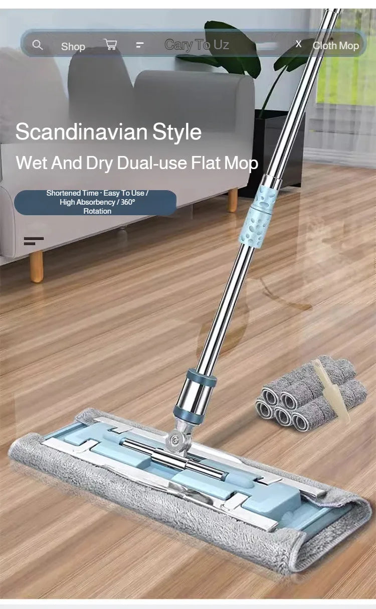 Lazymen Steel Clamp Flat Mop No Hand Wash Needed Floor Cleaning Tool Home Use Stainless Steel Pole Fine Fiber Cloth Dust Pusher