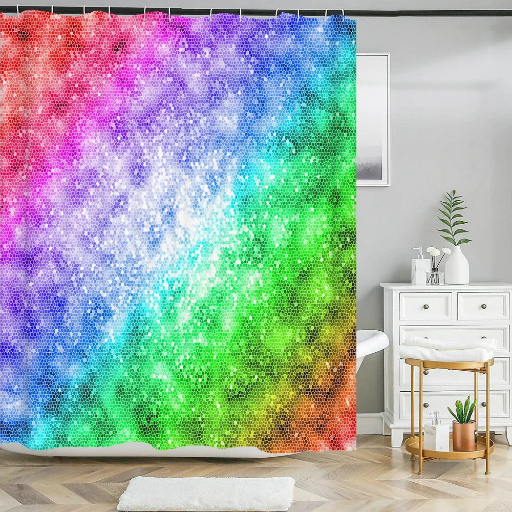 Colorful Rainbow Stripes Printed Shower Curtain Sparkling Diamond  Bathroom Curtain With Hook Waterproof Polyester Bath Screen
