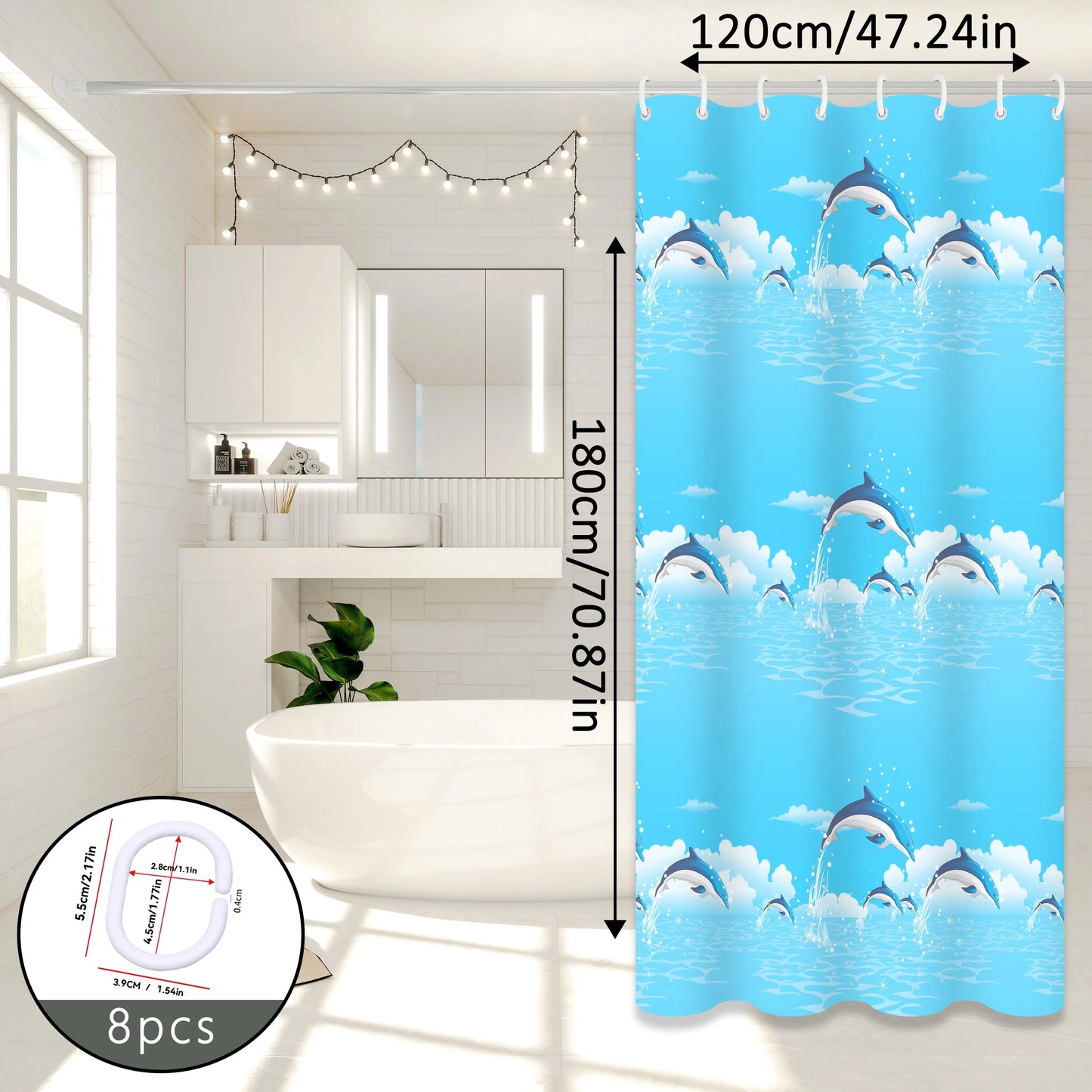 Dolphin Print Cartoon Shower Curtain, Ocean-Themed Bathroom Curtain, Cute Bathroom Curtain for Parent-Child Room