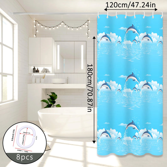 Dolphin Print Cartoon Shower Curtain, Ocean-Themed Bathroom Curtain, Cute Bathroom Curtain for Parent-Child Room