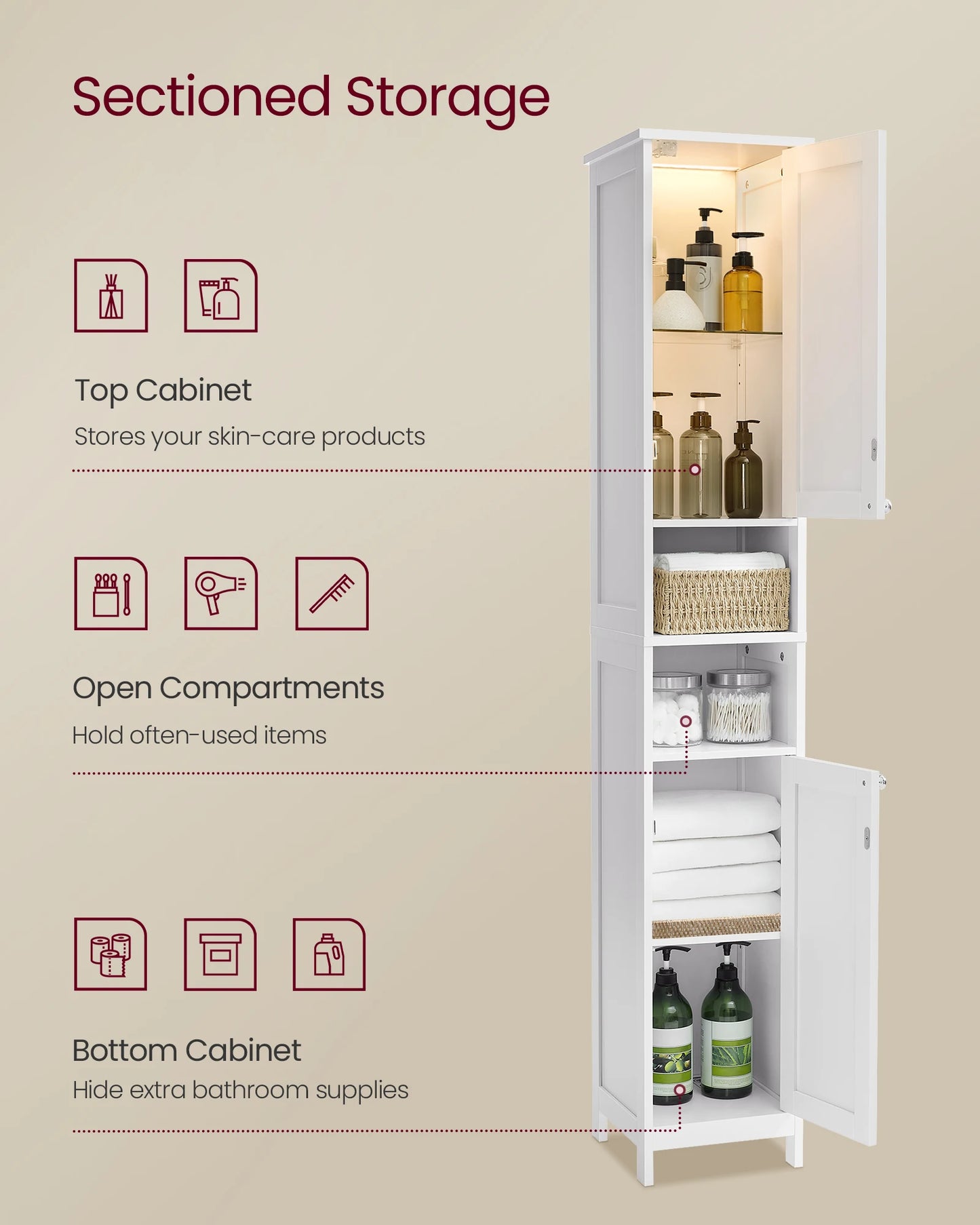 VASAGLE Tall Bathroom Cabinet with Lights, Freestanding Narrow Storage Unit with Adjustable Shelves, Open Compartments