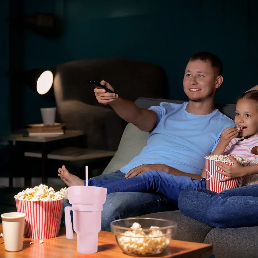 1000ml Portable Snack Container Multifunction Stadium Tumbler Popcorn Beverage Cup with Straw & Handle for Cinema Home Travel