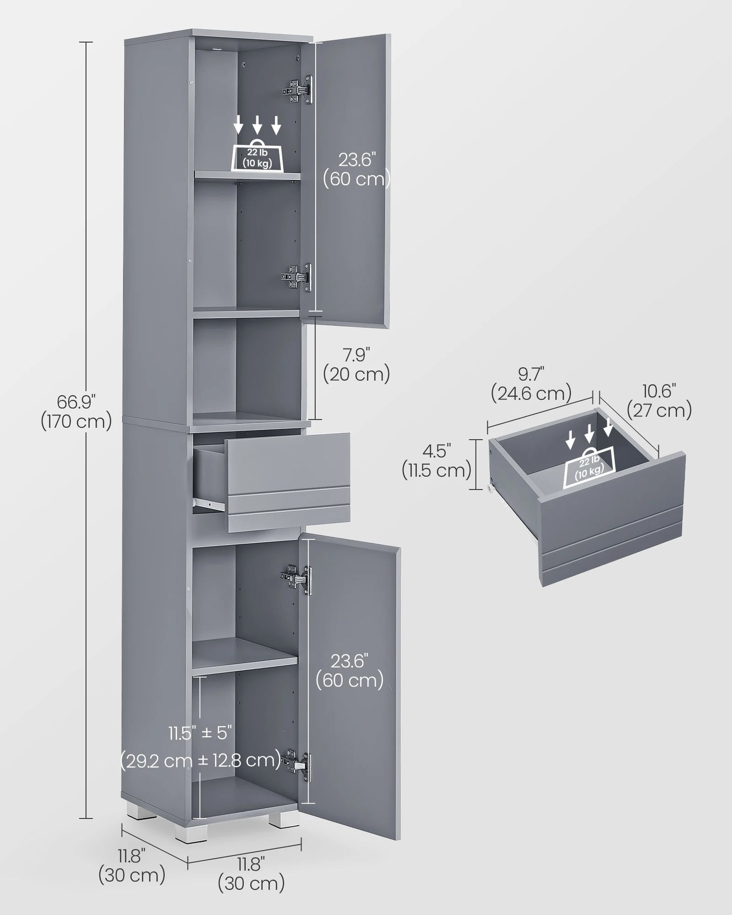 VASAGLE Tall Bathroom Cabinet, Slim Storage Cabinet, Narrow Cupboard, Grey