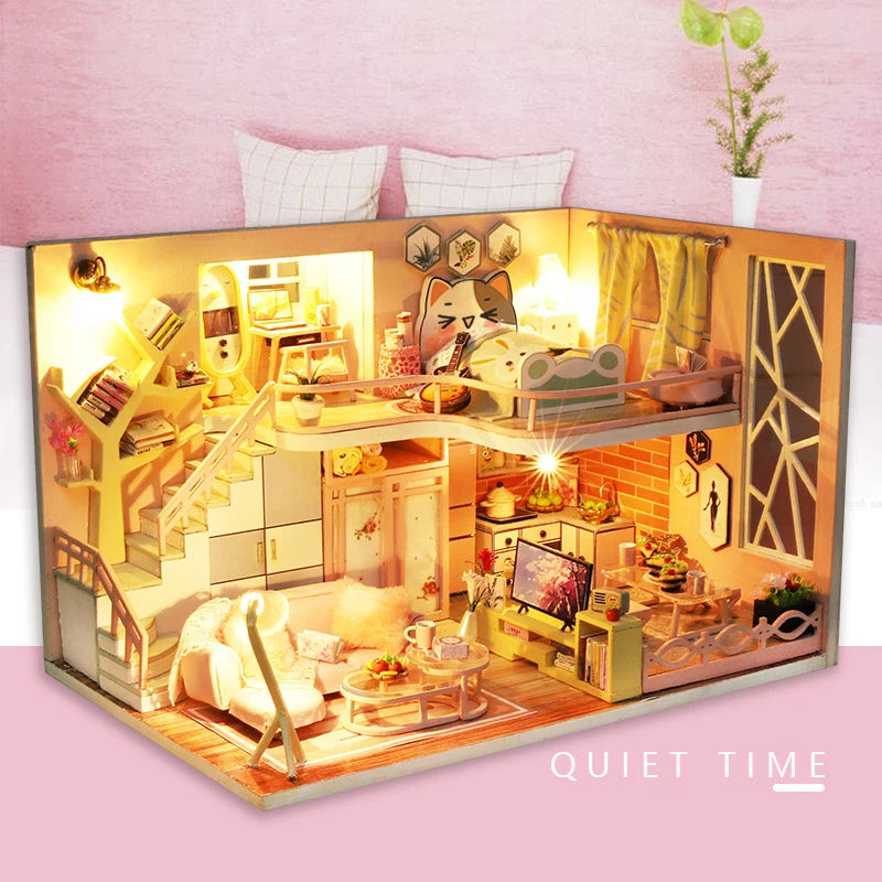 DIY Wooden Doll House Handmade Duplex Apartment Production 3D Puzzle Assembly Building Duplex Apartment Model Toy Children Gifts