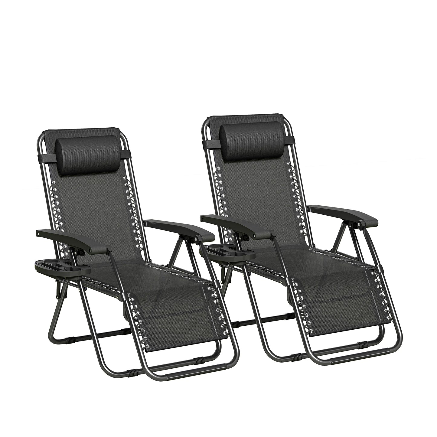 Zero Gravity Reclining Chair Set of 2 – Folding Outdoor & Garden Chairs with Textilene Fabric, Cup Holder and Headrest Pillow
