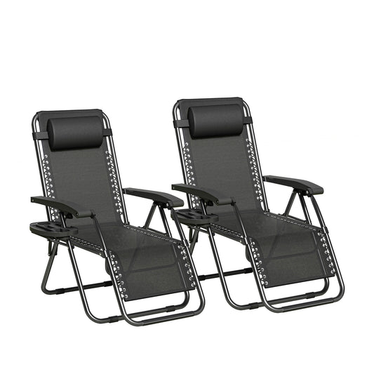 Zero Gravity Reclining Chair Set of 2 – Folding Outdoor & Garden Chairs with Textilene Fabric, Cup Holder and Headrest Pillow