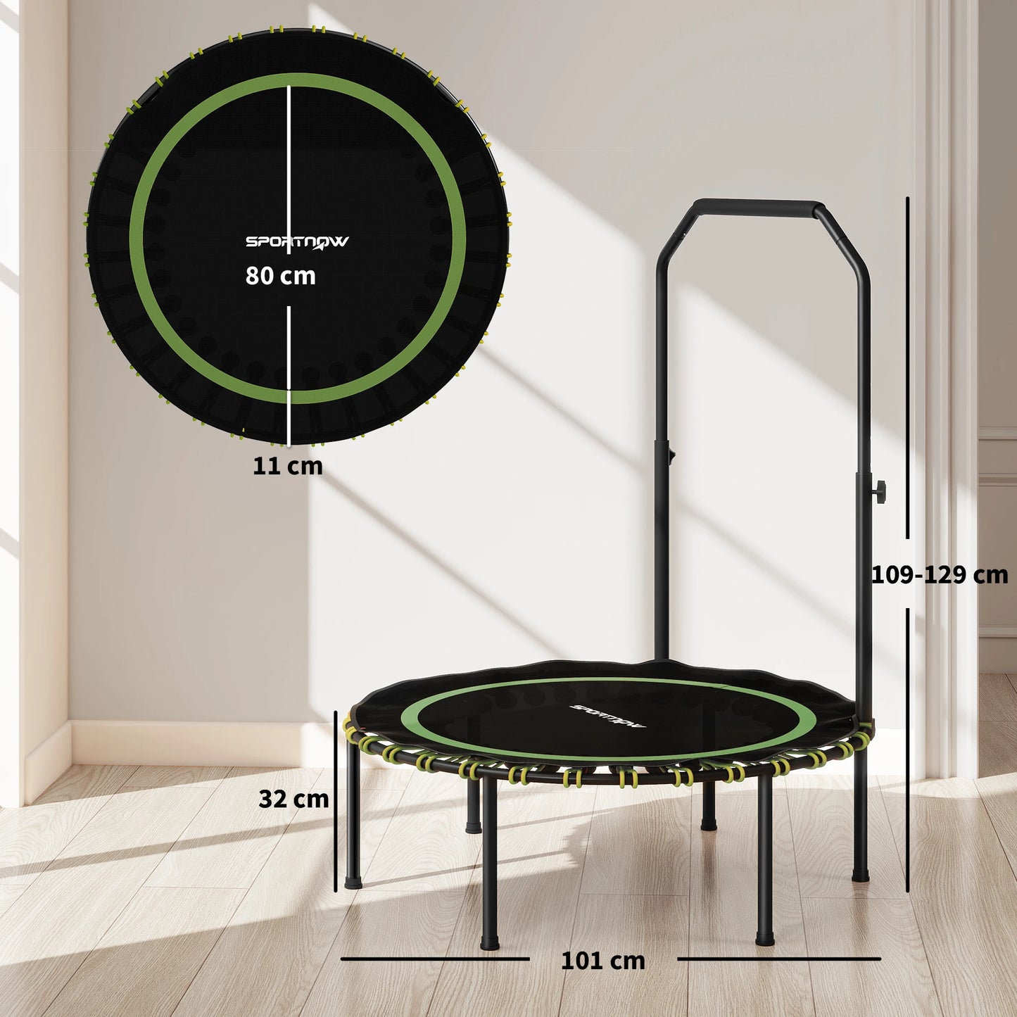 SPORTNOW 40'' Foldable Fitness Trampoline, Mini Trampoline Bungee Rebounder with 5-Level Adjustable Handle for Adults Indoor Out