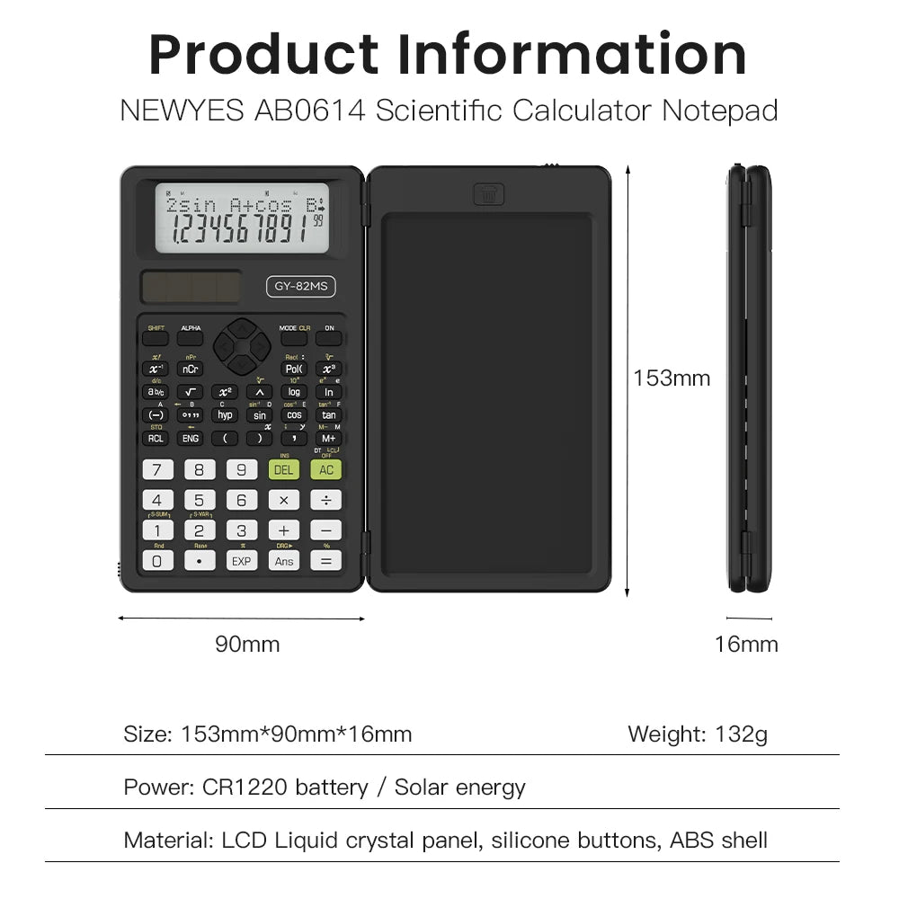 2-In-1 Foldable Scientific Calculator & 6 inch Writing Tablet 82MS 240 Function LCD Display For College Office Student Teacher