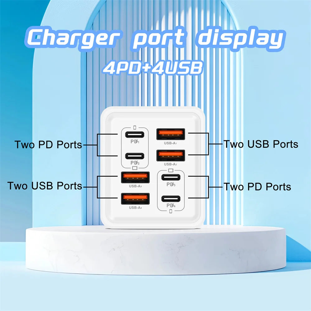 240W 8 in 1 USB C GaN Charger Fast Charging Phone Charger Power Adapter For iPhone Samsung Xiaomi EU/US/UK Plug Travel Charger
