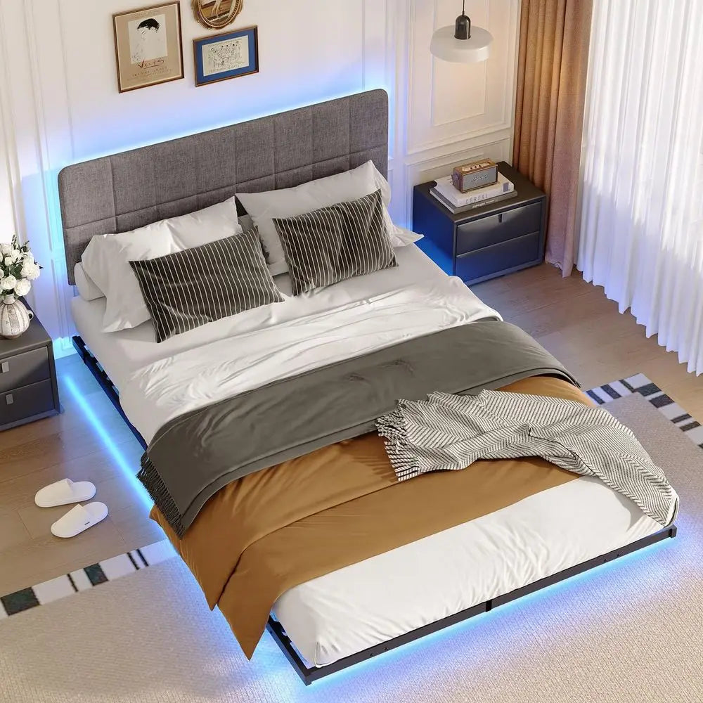 Double Size Metal Platform Bed with Adjustable Upholstered Headboard, 140x200cm, No Box Spring Needed, Slatted Base