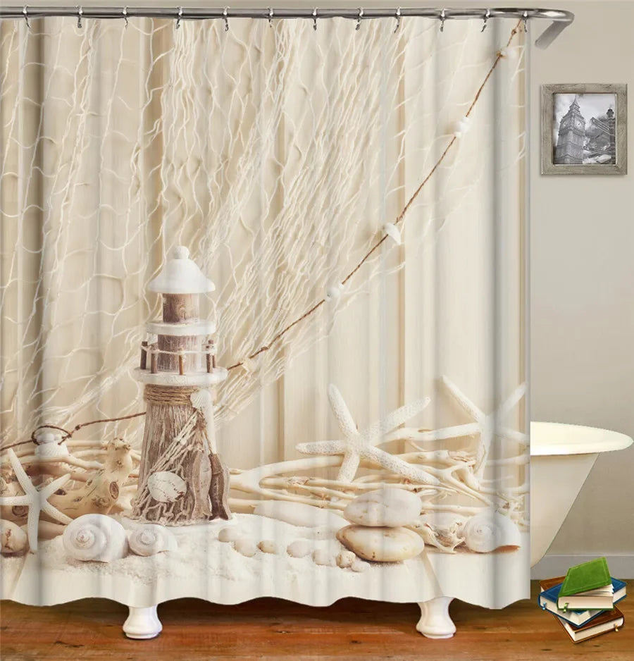 Bath Curtain Sea Beach Shell Starfish Shower Curtains 180*180cm Waterproof Bathroom Home Washable Fabric Bath Screen 12 Hooks
