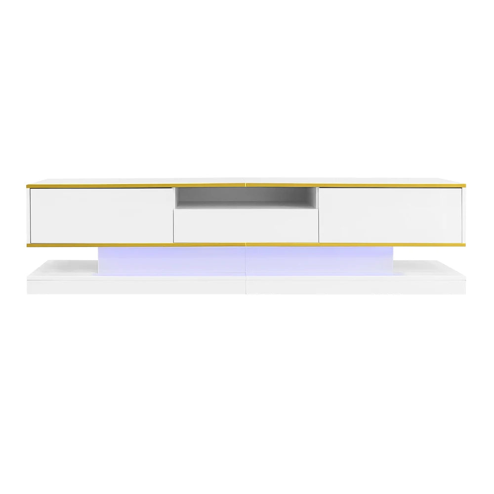 PINGGO Modern TV Cabinet with Three Drawers and an Open Compartment - High Gloss with Color-Changing LED Lights, 180*38*45cm