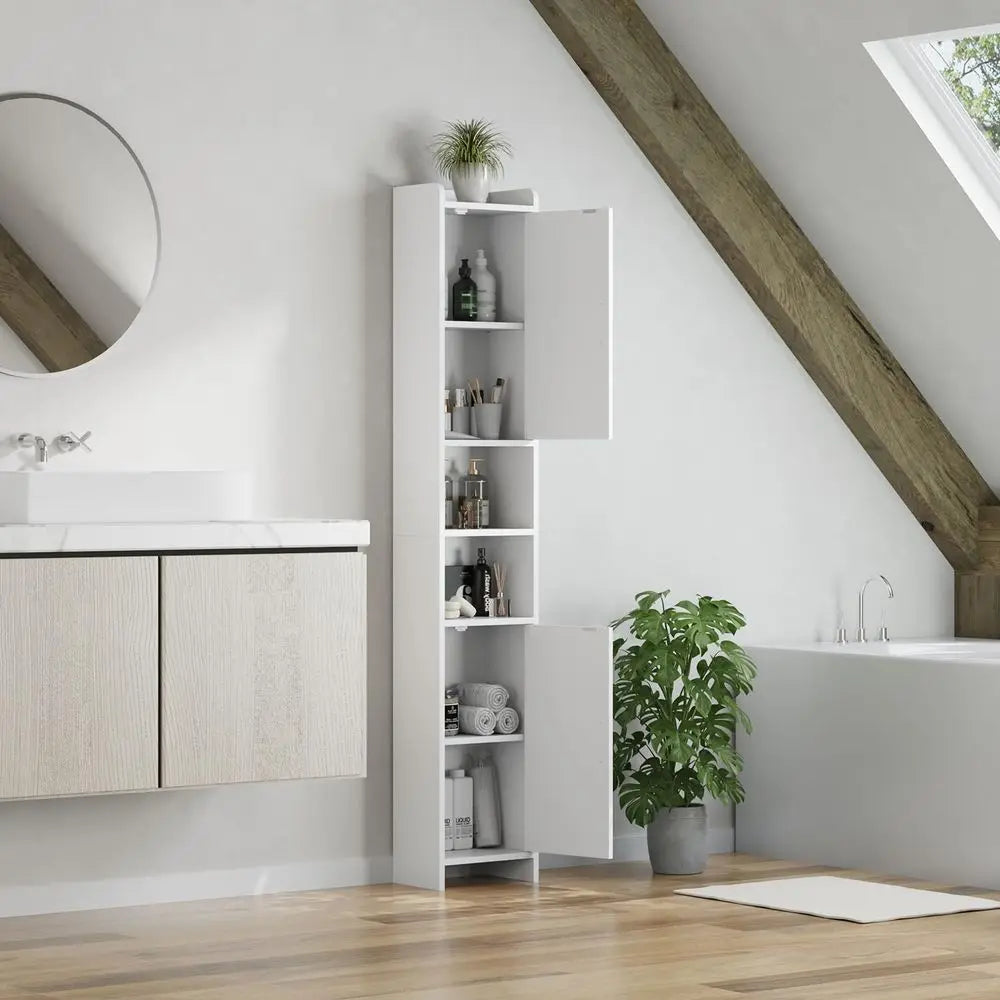 Tall Cabinet, Narrow Bathroom Storage Unit with 2 Doors amp Open Compartments, Slim Kitchen Cabinet for Small Spaces, Freestand