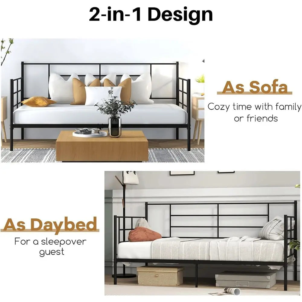 Single Day Bed with Metal Frame, 28cm Underbed Storage, Slat Support, Black Mattress Platform, 90x190cm Mattress for Living Room