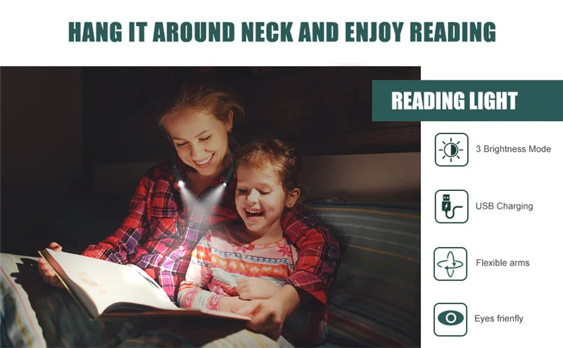 LED Neck Reading Light Flexible Book Lamp 3 Colors Brightness Adjustable Rechargeable for Reading Knitting Repairing Lighting