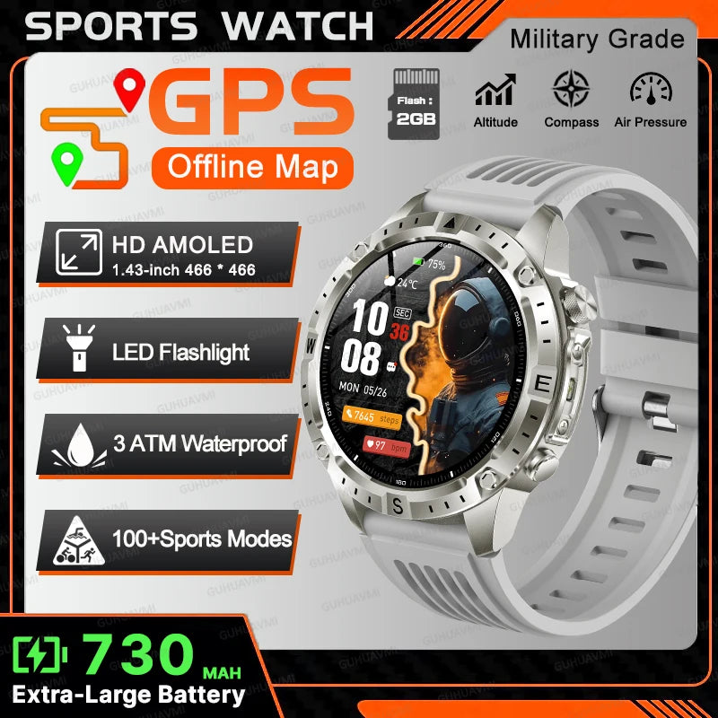 New TANK Military GPS Offline Map Smart Watch 730mAh 3 ATM Waterproof Sports Compass Heart Rate 2GB HD Bluetooth Call SmartWatch