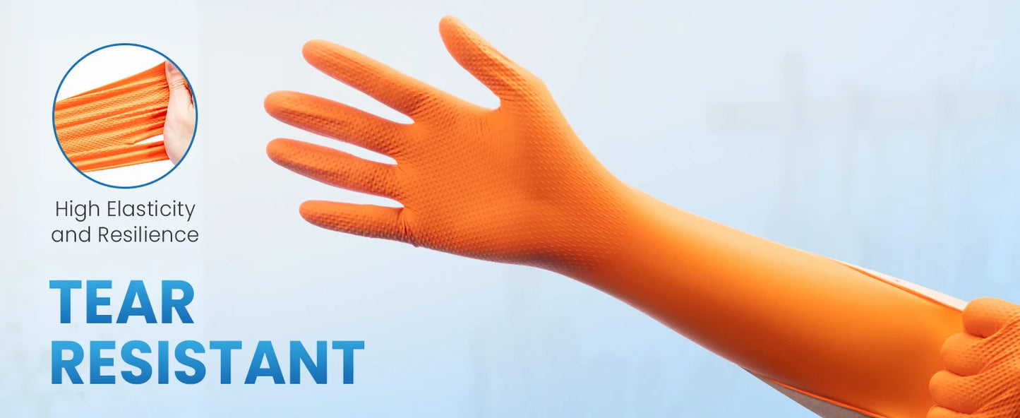 Heavy Orange Disposable Nitrile Extra Thick Gloves 8.5 Mil -Powder-Free Puncture-Resistant Protection-Diamond-Texture Work Glove