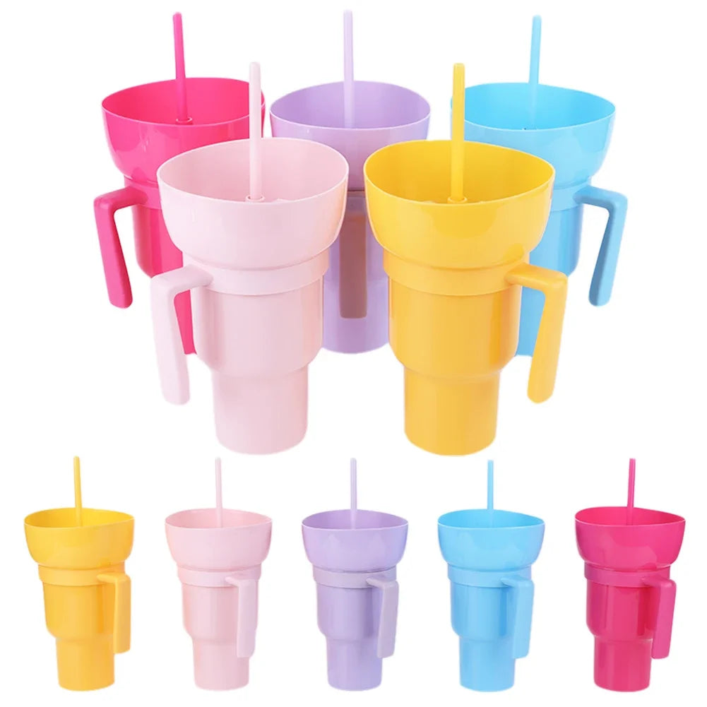 1000ml Portable Snack Container Multifunction Stadium Tumbler Popcorn Beverage Cup with Straw & Handle for Cinema Home Travel