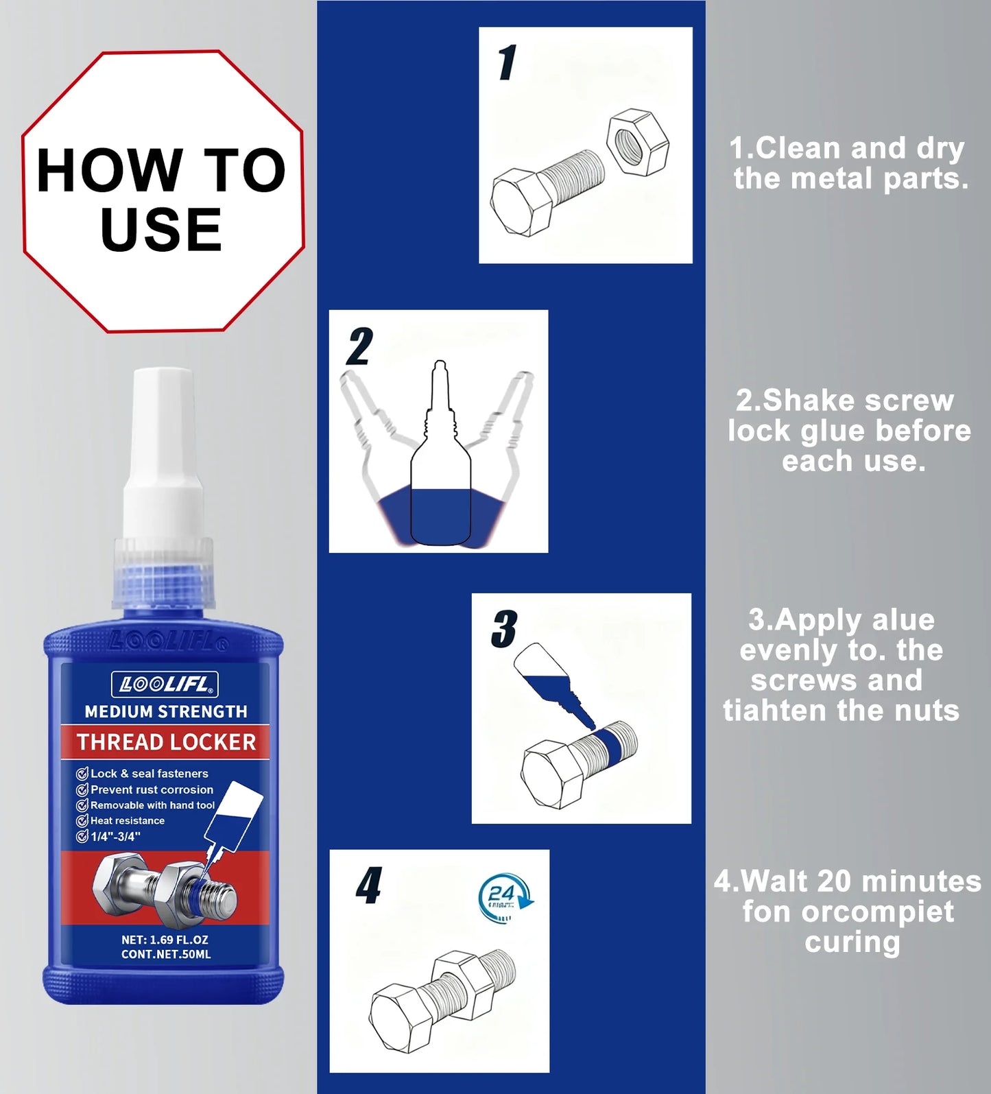 LOOLIFL Blue Thread Locker 243 Nuts-Bolts Locker, Screw Adhesive Lock Tight Seal Fasteners Anaerobic Curing Metal Glue,Rustproof