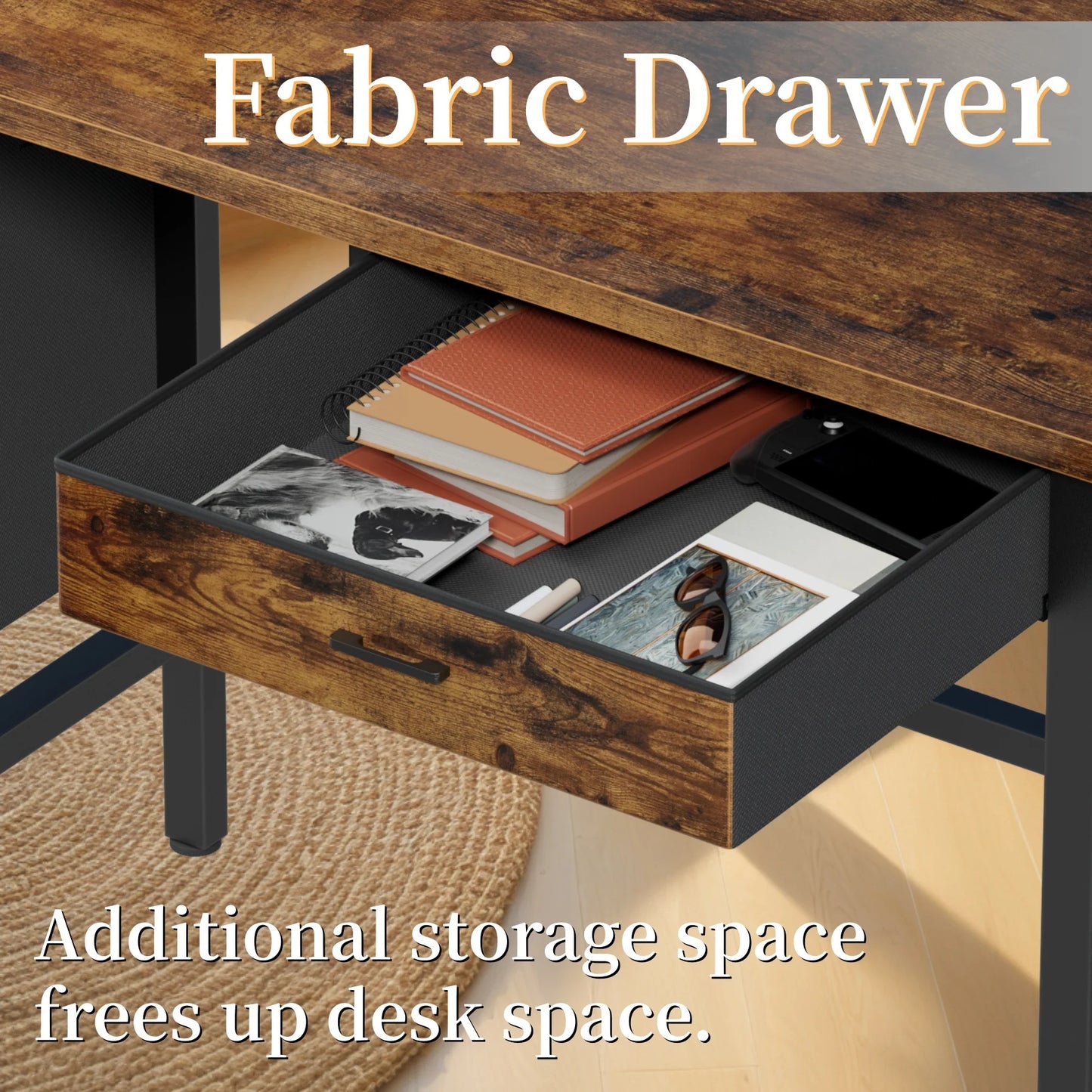 Reversible Computer Desk with LED Lights and Drawer, L Shaped Corner Gaming Desk with Storage Shelves & Bag, Desk Shelf for