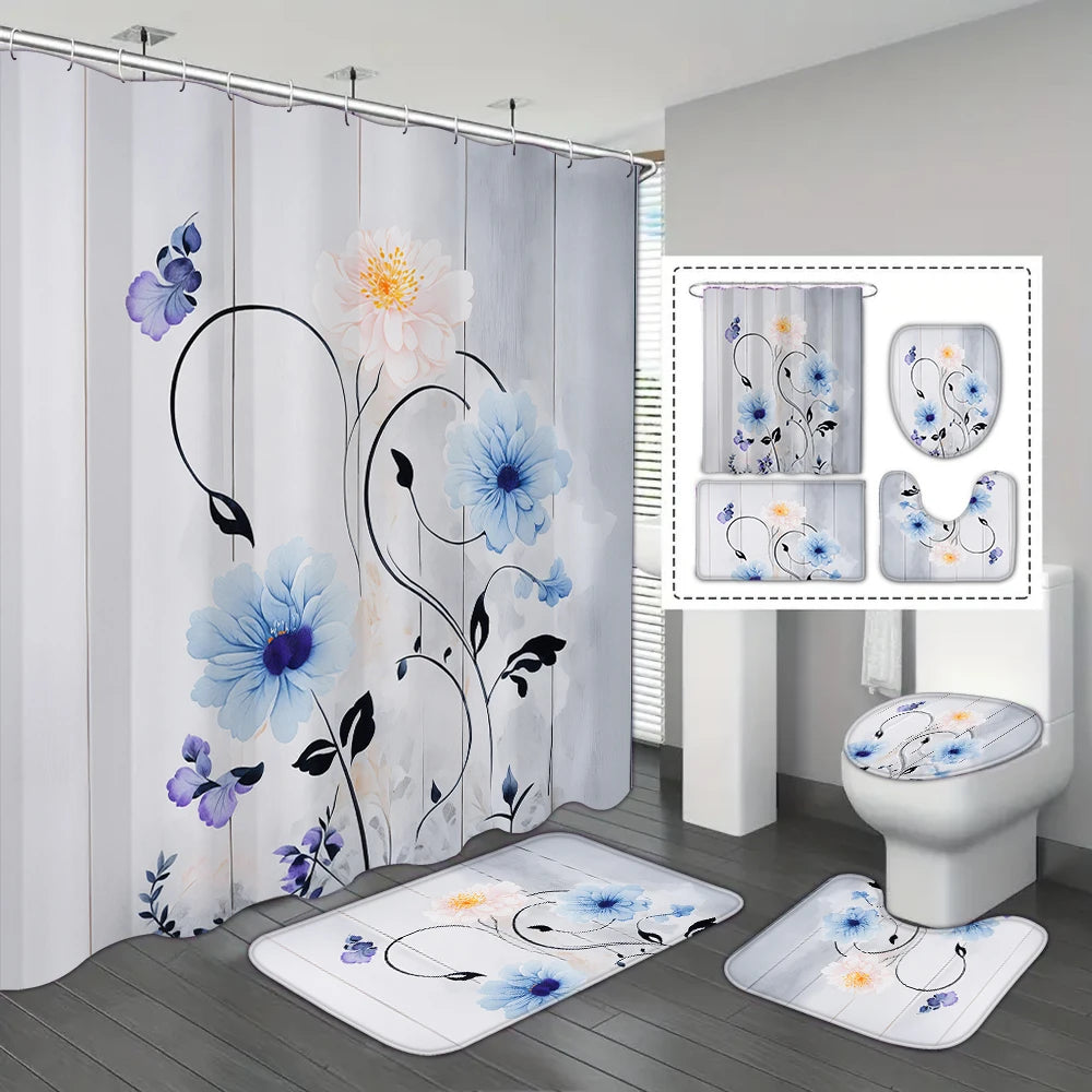 4-piece set of blue white jade orchid waterproof printed shower curtains with 12 hooks, bathroom floor mats