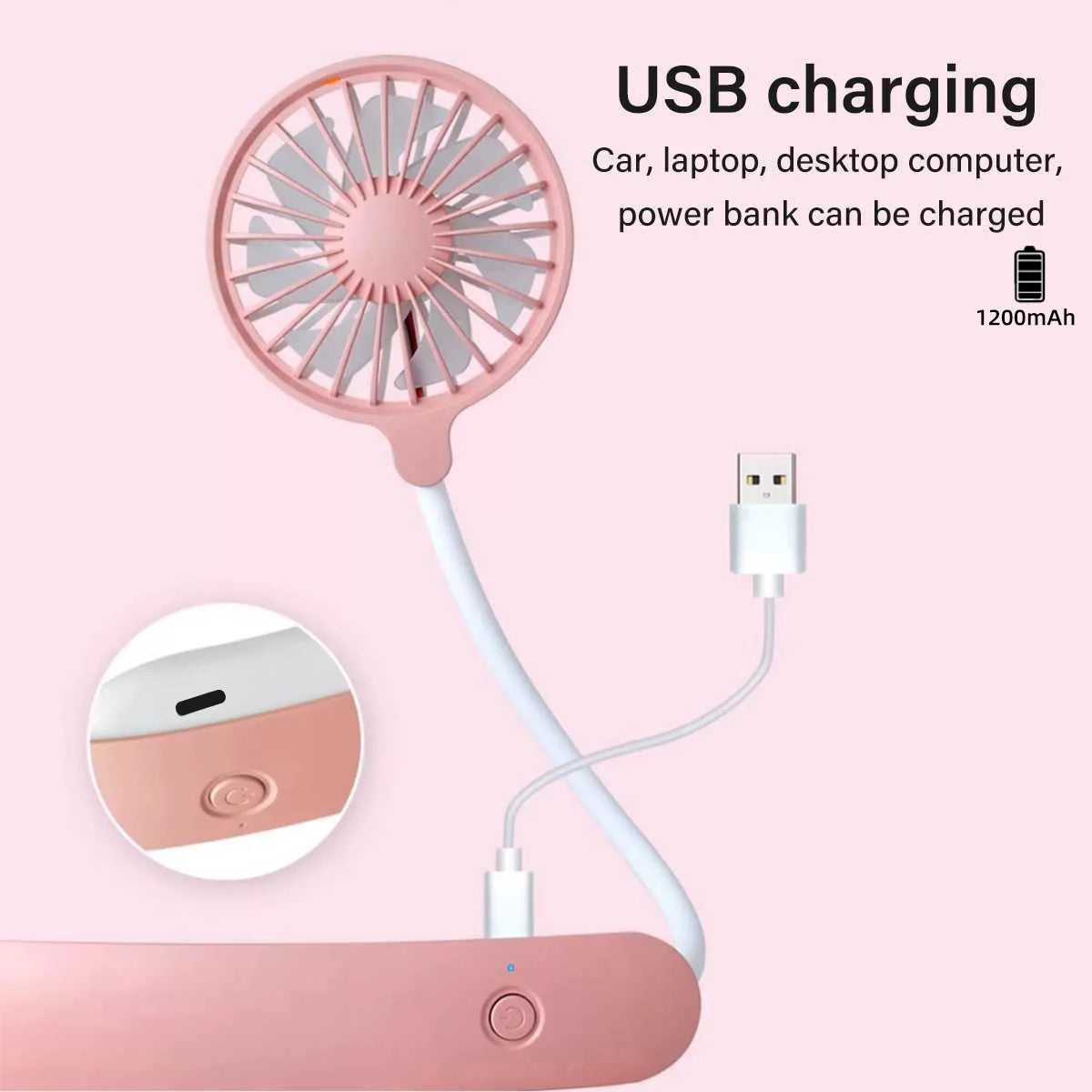 1PC Neck Cooling Fan USB Rechargeable Mini Portable  Outdoor Folding Neck Dual Ceiling Fan 3-speed Adjustable For Outdoor Indoor