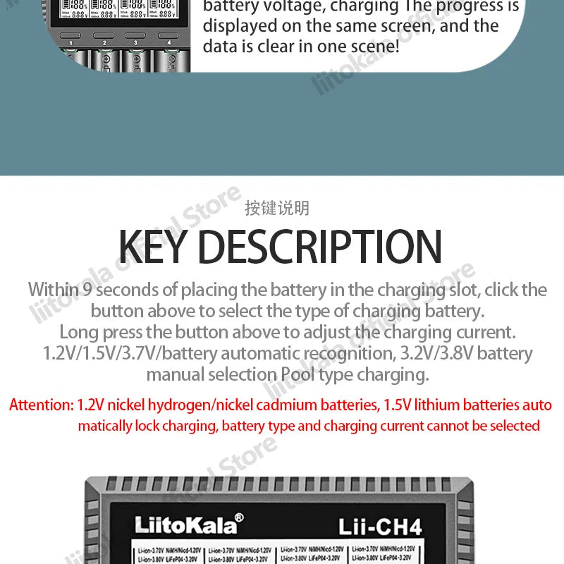 LiitoKala Lii-CH4 Smart Charger for 18650/21700/26650/AA/AAA/Ni-MH/Li-ion,1.2V/1.5V 4-Slot Fast Charge, USB-C, Auto Detect