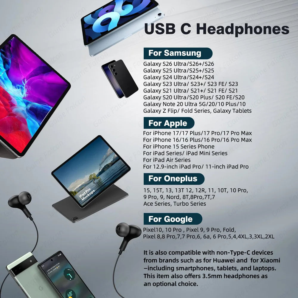 USB C Headphone for Samsung Galaxy S24 S25 S26 Ultra A17 A54 Magnetic Wired Earbuds Noise Canceling in Ear Earphones with Mic