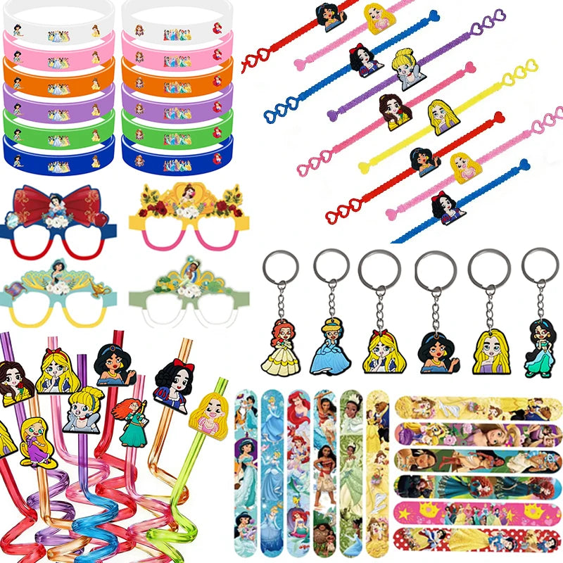 Princess Theme Party Favors Supplies Slap Bracelets Keychain Straw Stamp for Girls Birthday Decration Goodie Bag Gifts Fillers