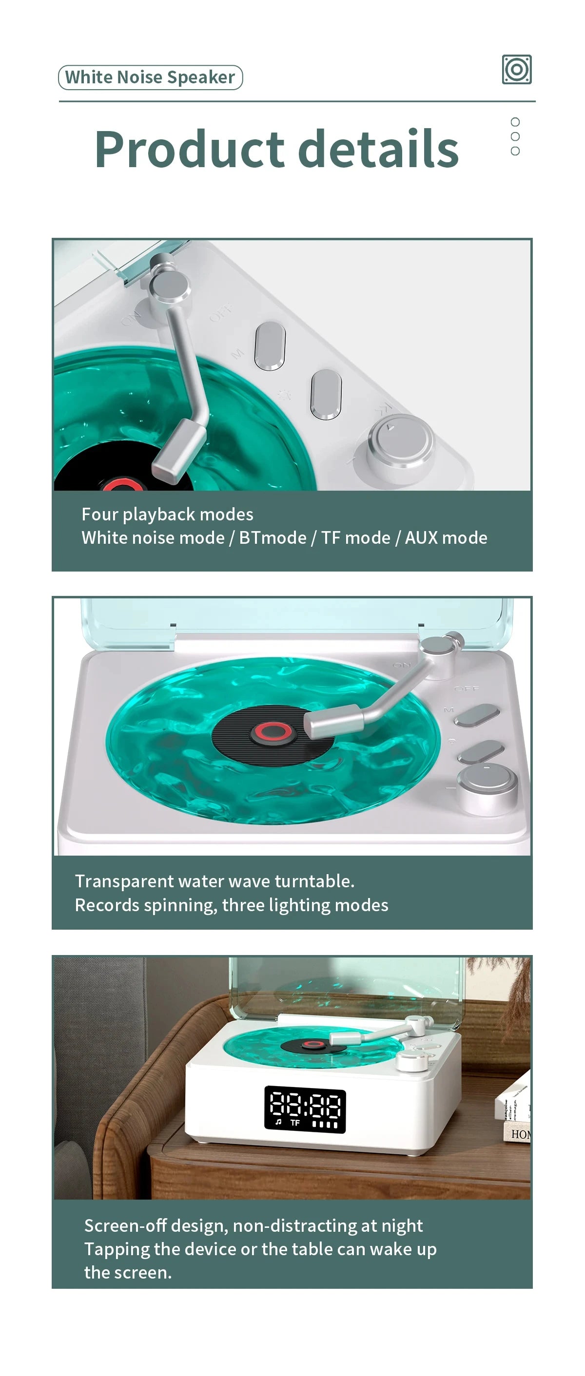 Waves Vinyl Player Bluetooth Speaker with White Noise Retro Turntable Speaker Sleep Aid Vitrola Shaped Speaker with RGB Light