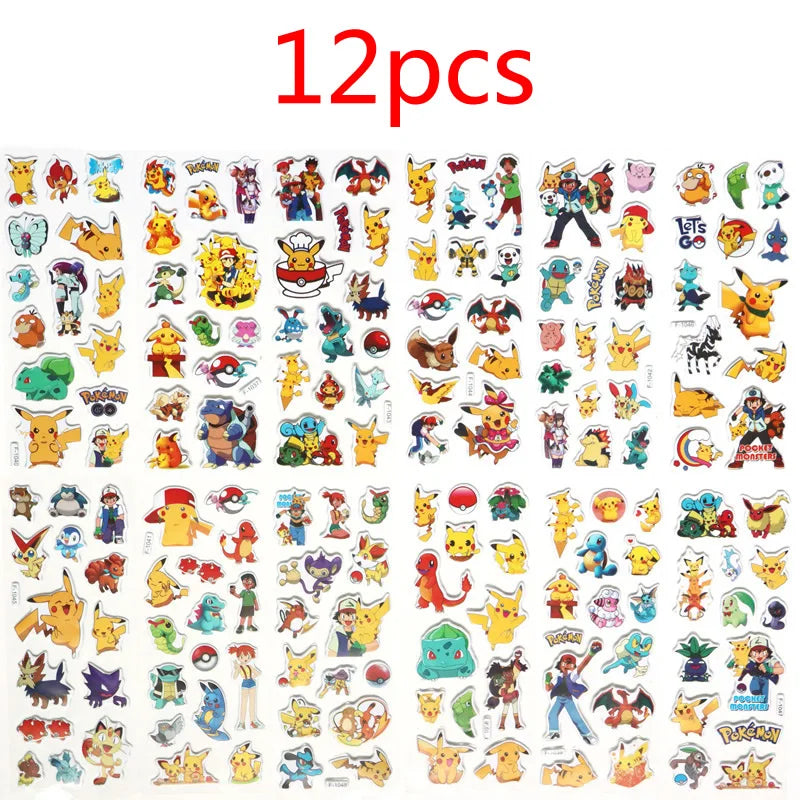 12pcs Cartoon Pokemon Pikachu Sticker Kawaii Cute Anime Waterproof Dimensional 3D Stikers Puffy Bulk Book Stickers Toy Gift