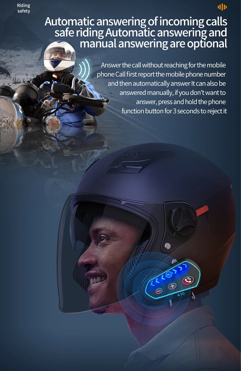 A10 Motorcycle Helmet Bluetooth Headset Wireless V5.0 Waterproof Handsfree Call Music Earphone 1000mAh Riders Moto GPS Headphone