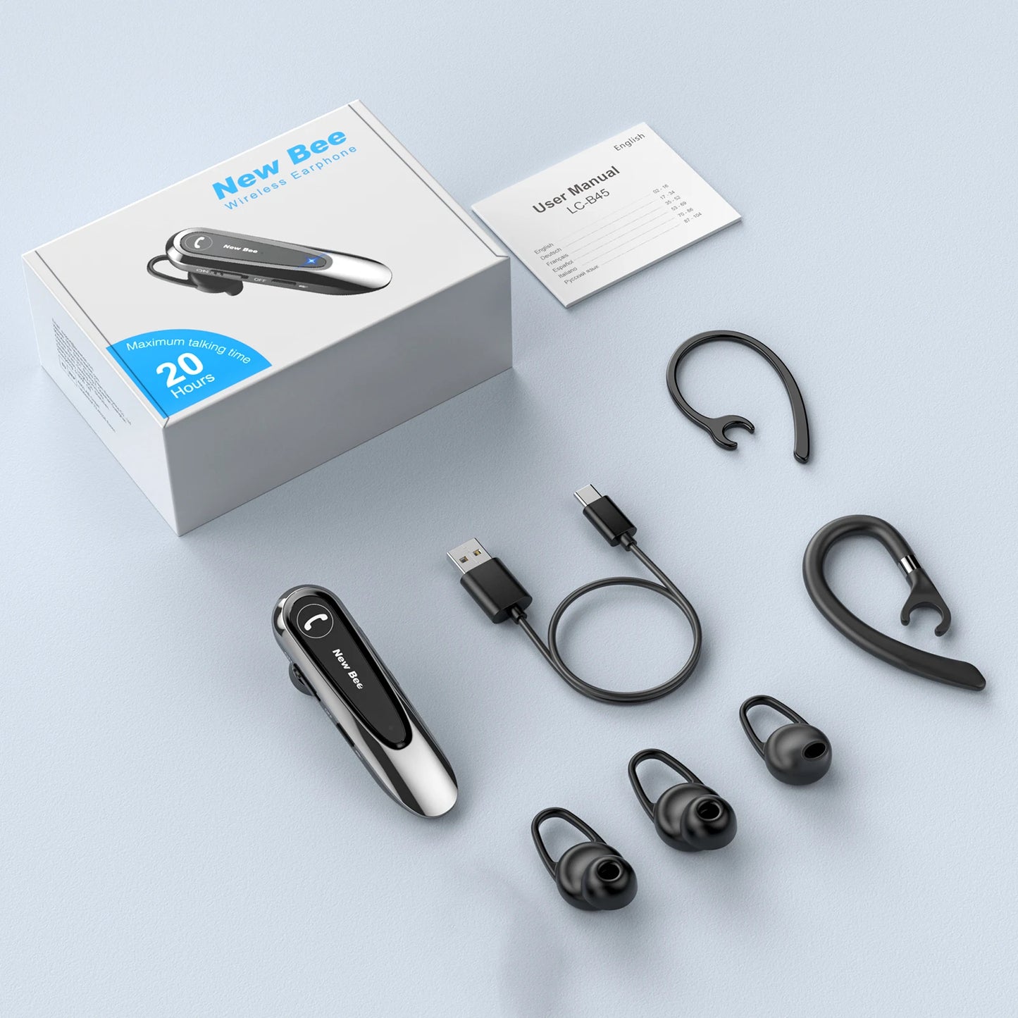 New Bee B45 Bluetooth Headset Wireless Earpiece for Driving Earphone with Dual Mic Earbuds CVC8.0 Noise Reduction Headphones