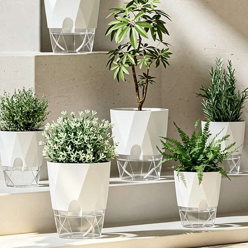 Self Watering Planter Diamond Lazy Flower Pot Transparent Double Layer Plastic Plant Pot for Indoor Plants
