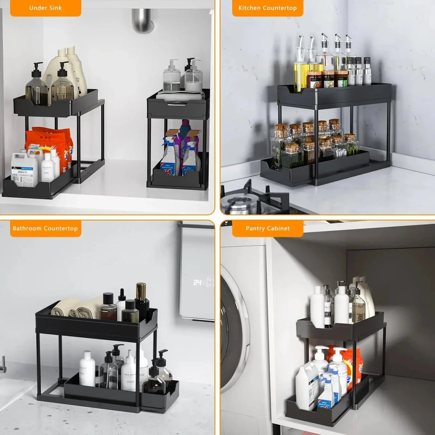 2-Tier Pull Out Under Sink Organizer, Storage Rack with Hooks & Cups, Space Saving Slide-Out Shelf for Kitchen Bathroom Cabinet
