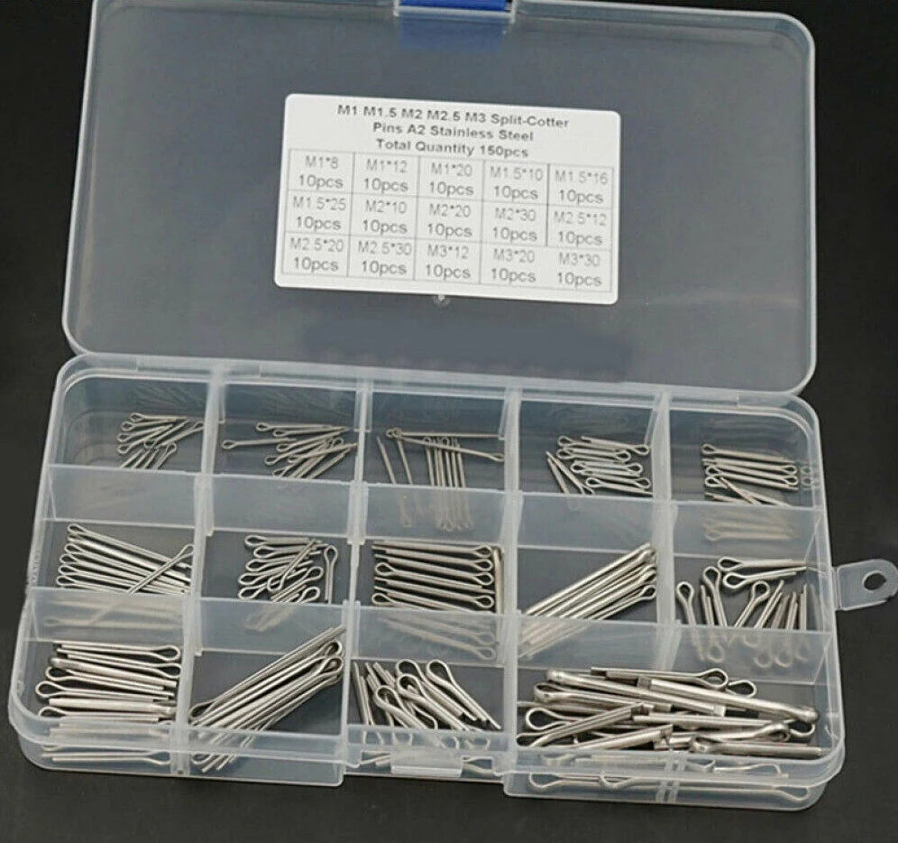 150PCS Split-Pins / Split Cotter Pins Stainless Steel A2-Marine Grade (304) +Box Steel Hard Case Link Assortment