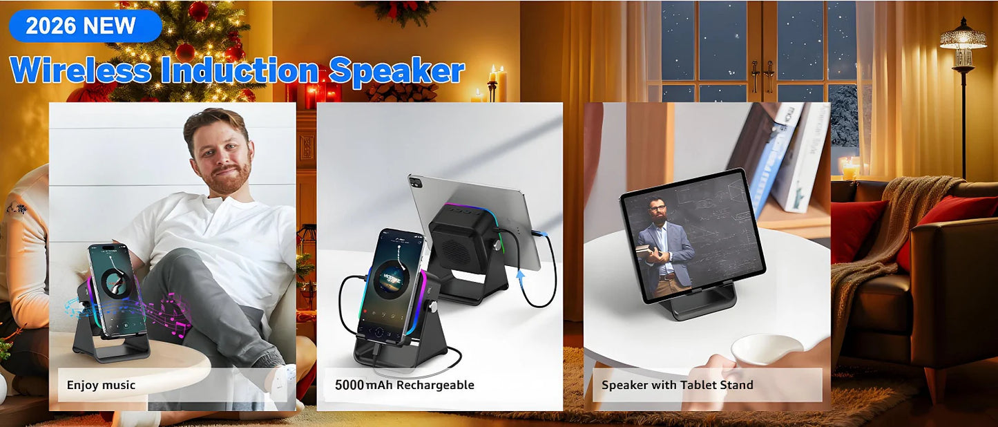 Magnetic Induction Speaker Phone Stand Wireless Bluetooth Phone Holder Amplifier Portable Desk Speaker RGB Light 5000mAh Battery