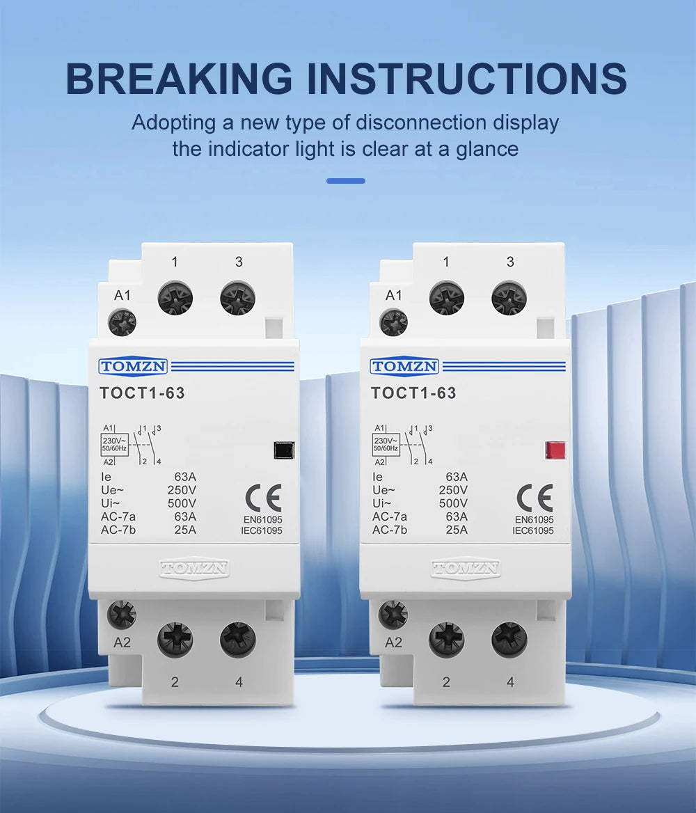 TOMZN TOCT1-63 2P 63A AC 110V/120V 220V/230V 50/60Hz Din Rail Household AC Modular Contactor 2NO/1NO1NC/2NC